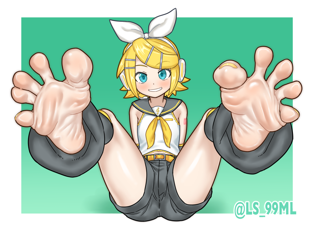 1girls 5_toes aqua_eyes barefoot blonde_hair blue_eyes calluses feet female fingerlike_toes foot_fetish foot_focus framed_background green_background green_eyes grin gritted_teeth hair_clip hair_clips hair_ornament hair_ribbon hairband hairclip hairclips happy happy_female headphones kagamine_rin leg_warmers non-euclidean_border petite presenting presenting_feet ribbon ribbon_in_hair sailor_collar shorts sitting soles solo spread_toes thighs toe_scrunch toes tsukimaru_(ls_99ml) vocaloid white_ribbon yellow_hair yellow_nails yellow_scarf yellow_toenails