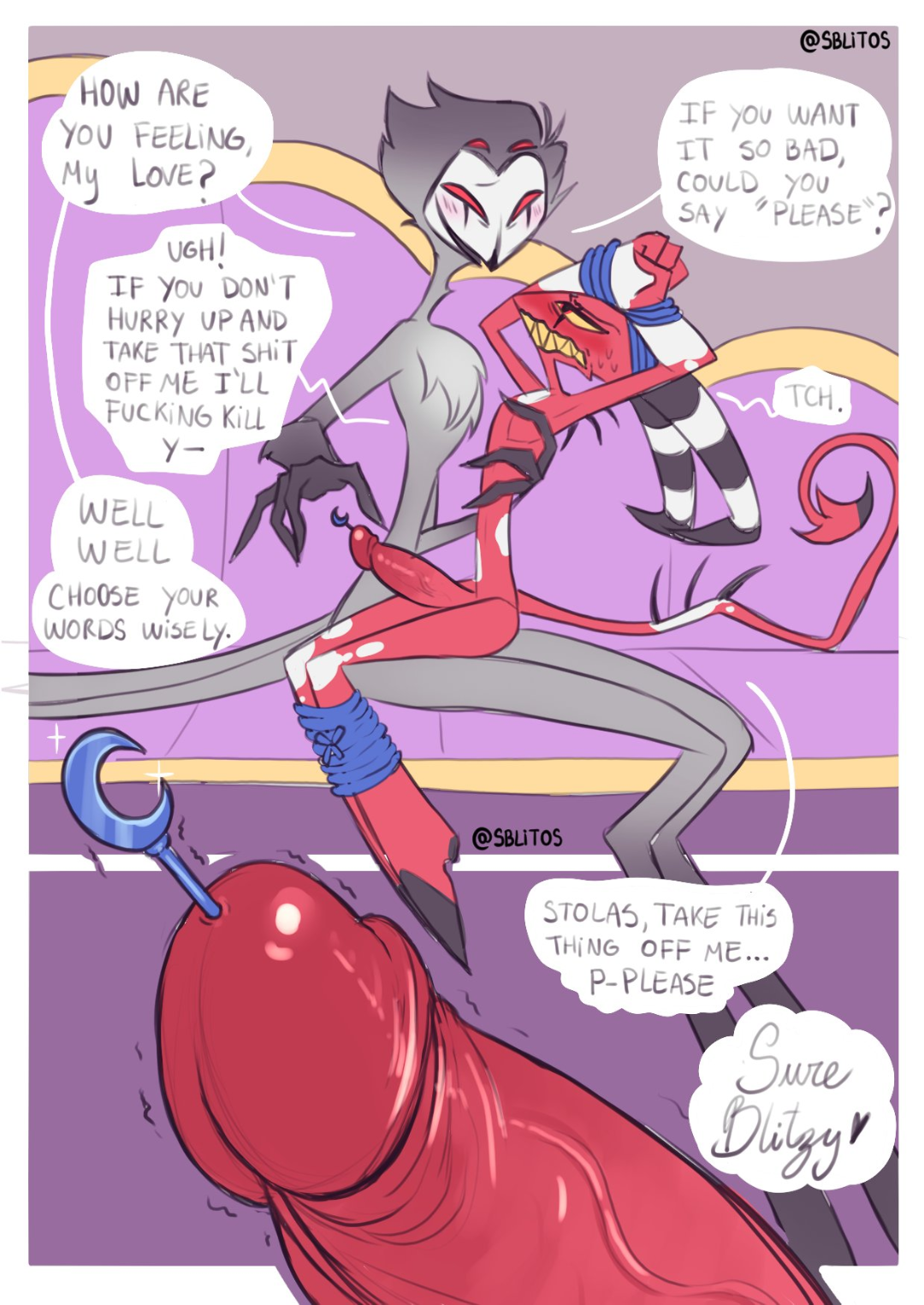 blitzo (helluva boss), bondage, bound legs, bound wrists, dialogue, gay, helluva boss, male, sblitos, sounding, sounding rod, stolas (helluva boss), text