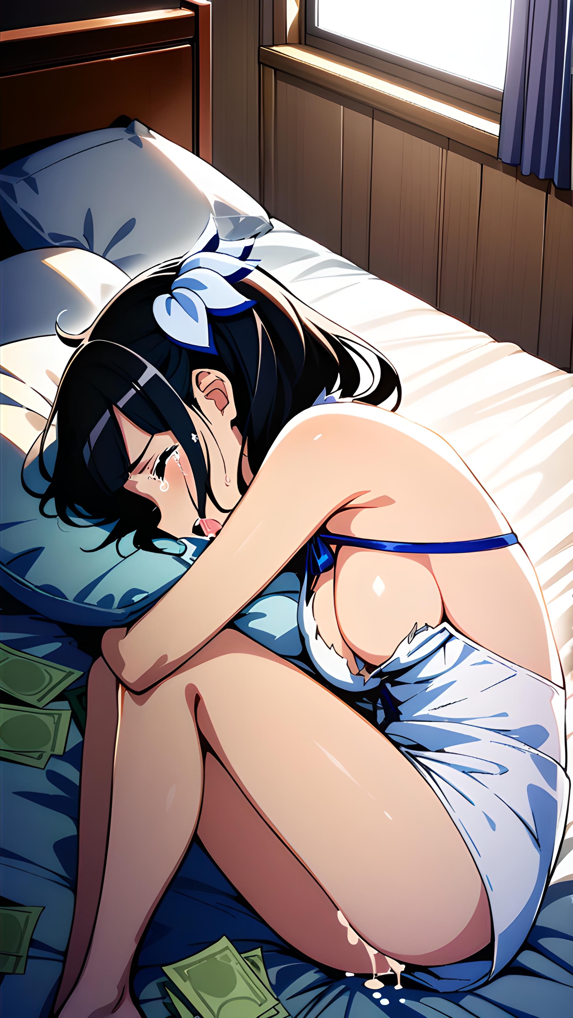 after rape, after sex, ai generated, dungeon ni deai wo motomeru no wa machigatteiru darou ka, female, gritted teeth, hestia (danmachi), missionary position, money, rape, tears
