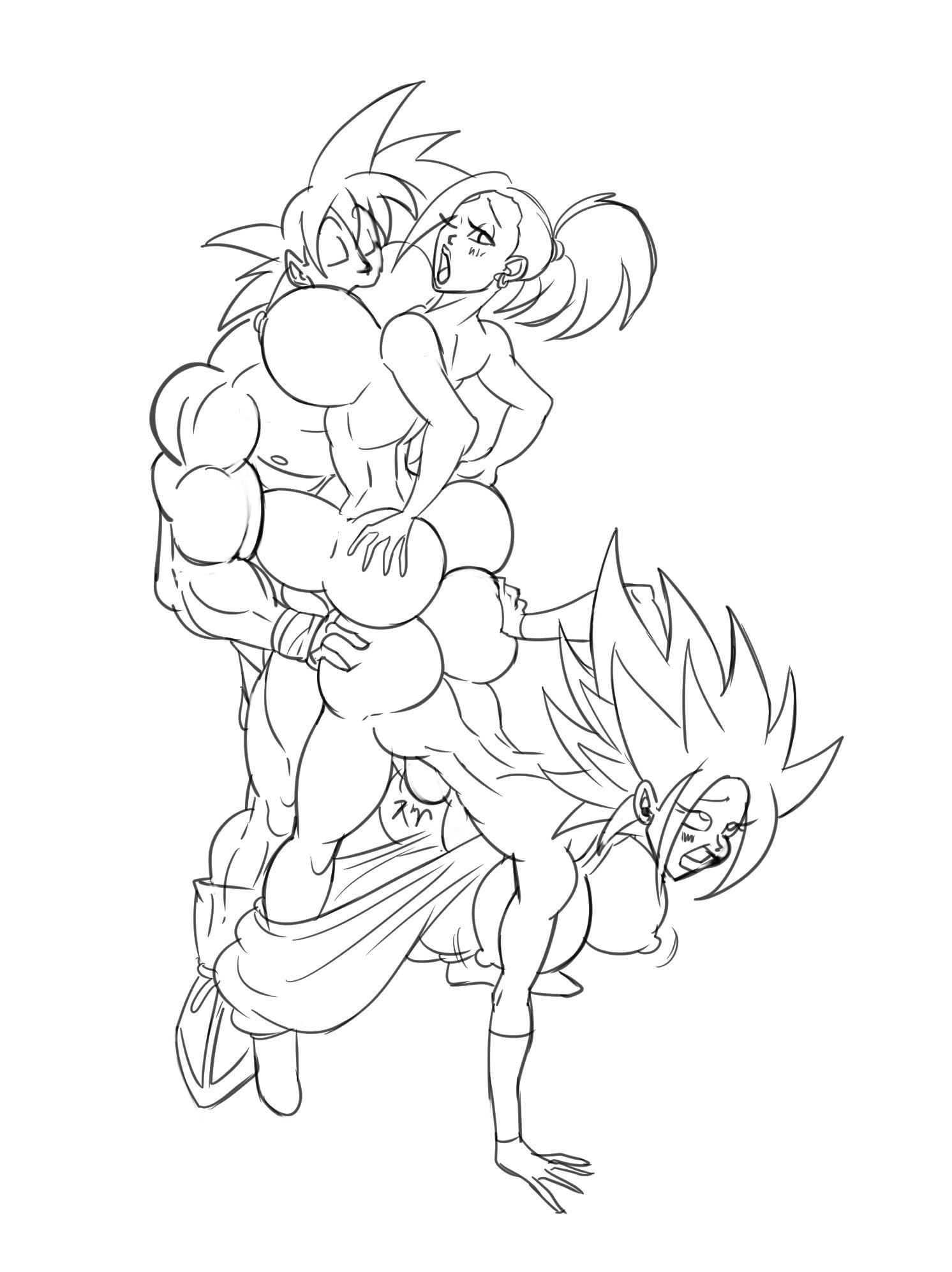 1boy, 2girls, abs, ahe gao, alien, alien girl, all fours, ambiguous penetration, ass, ass crack, ass grab, bare shoulders, bent over, big ass, big breasts, big butt, bimbo, black and white, blush, boots, bracer, breast sucking, breastfeeding, breastfeeding during sex, breasts, bubble ass, busty, butt crack, caulifla, cheating, cheating husband, cleavage, clenched teeth, closed eyes, curvy, dragon ball, dragon ball super, ear piercing, earrings, erect nipple, erect nipples, eyelashes, female, female saiyan, from behind, front view, glasses, goku, half-closed eyes, hat, hoop earrings, hourglass figure, huge breasts, humanoid, kale, looking back, male, multiple females, multiple girls, muscles, muscular, muscular male, naked, nipples, nude, one-eye closed, open mouth, pants, pants down, pants pulled down, penetration, piercing, ponytail, rolling eyes, saiyan, short hair, simple background, son goku, speech bubble, spread legs, spreading, standing, standing sex, sun1sol, sweat, taken from behind, threesome, tied hair, universe 6 saiyan/universe 7 saiyan, universe 6/universe 7, voluptuous, white background, wide hips, wink