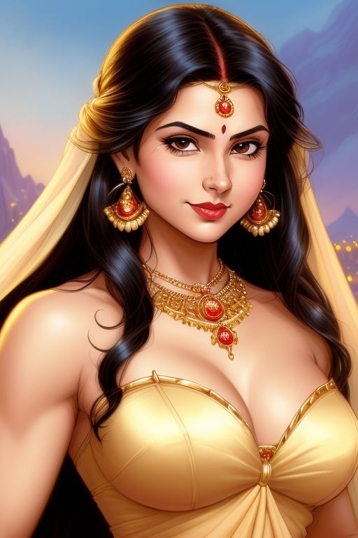 ai_generated bare_shoulders big_breasts bindi black_hair blush brown_eyes cleavage earrings gold_jewelry indian indian_clothes indian_female jewelry light-skinned_female light_skin long_hair looking_at_viewer married_woman necklace red_lips red_lipstick rosy_cheeks saree sari sindoor smile smiling smiling_at_viewer solo solo_female veil yellow_clothing