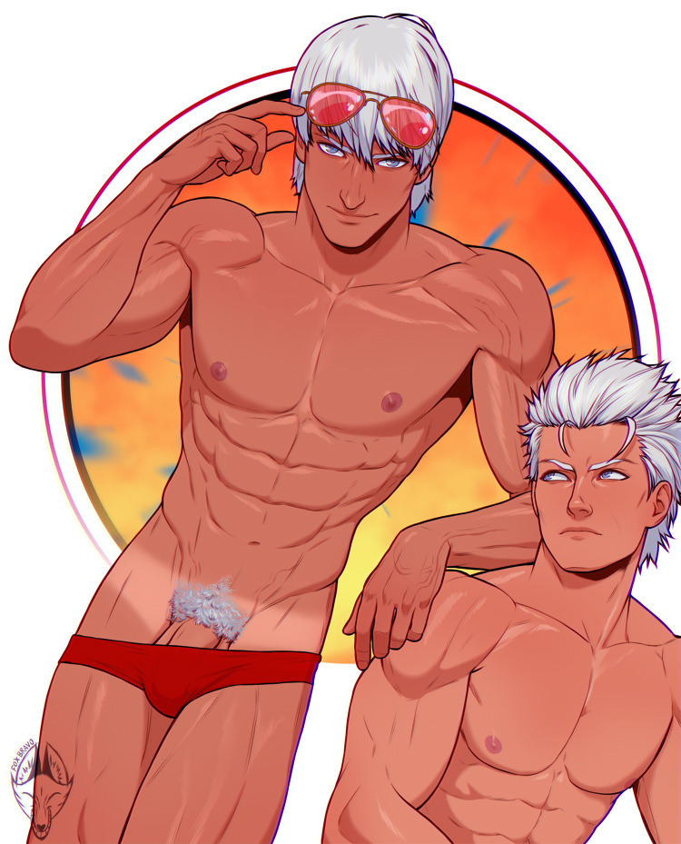 2boys abs bulge dante devil_may_cry devil_may_cry_5 foxbravo glasses_on_head male_on_male male_only muscles muscular muscular_male penis_peek pubes pubic_hair red_speedo silver_hair silver_pubic_hair solo_male speedo tagme tanned v-line vergil