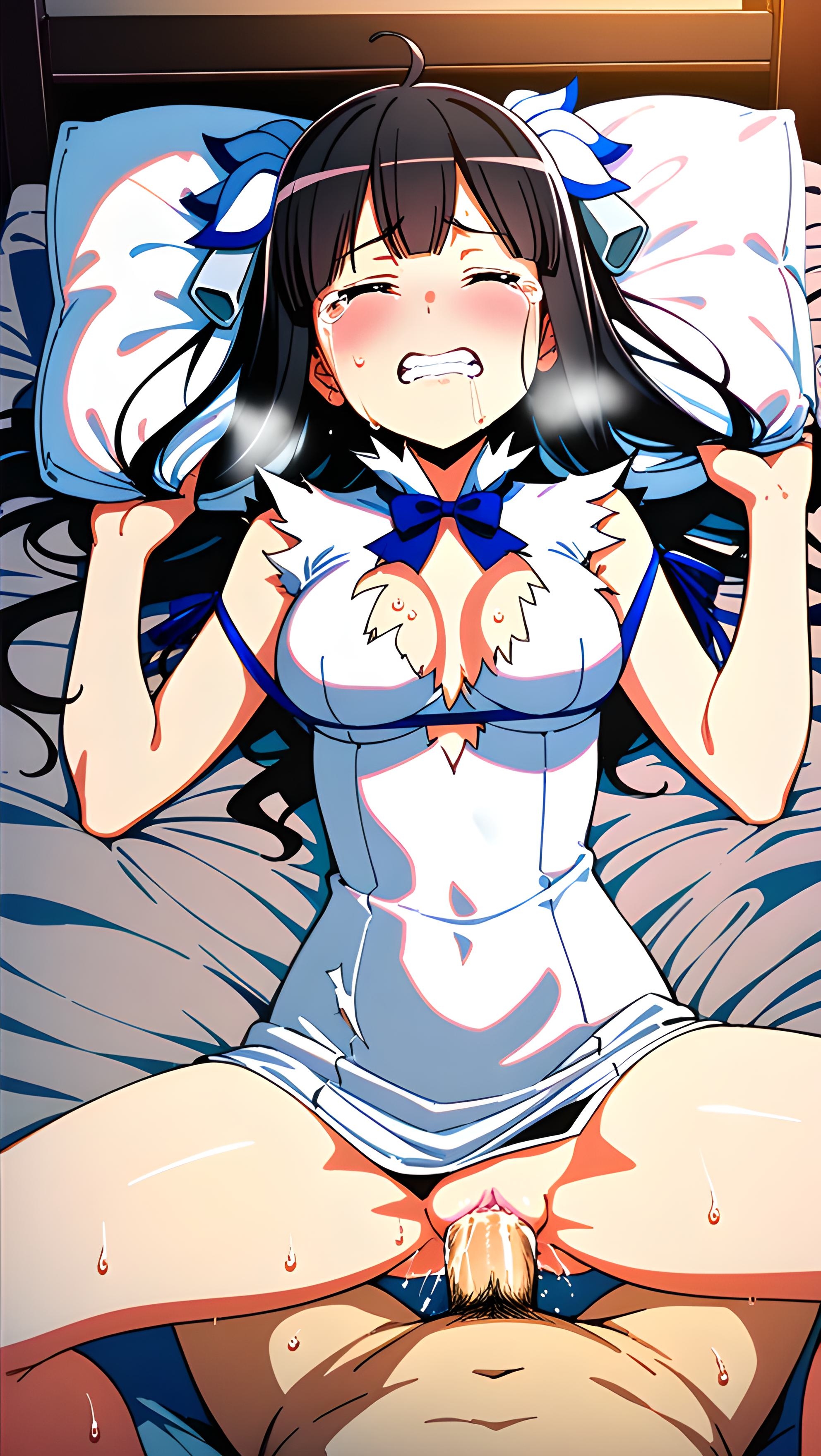 ai generated, dungeon ni deai wo motomeru no wa machigatteiru darou ka, female, gritted teeth, hestia (danmachi), missionary position, rape, tears