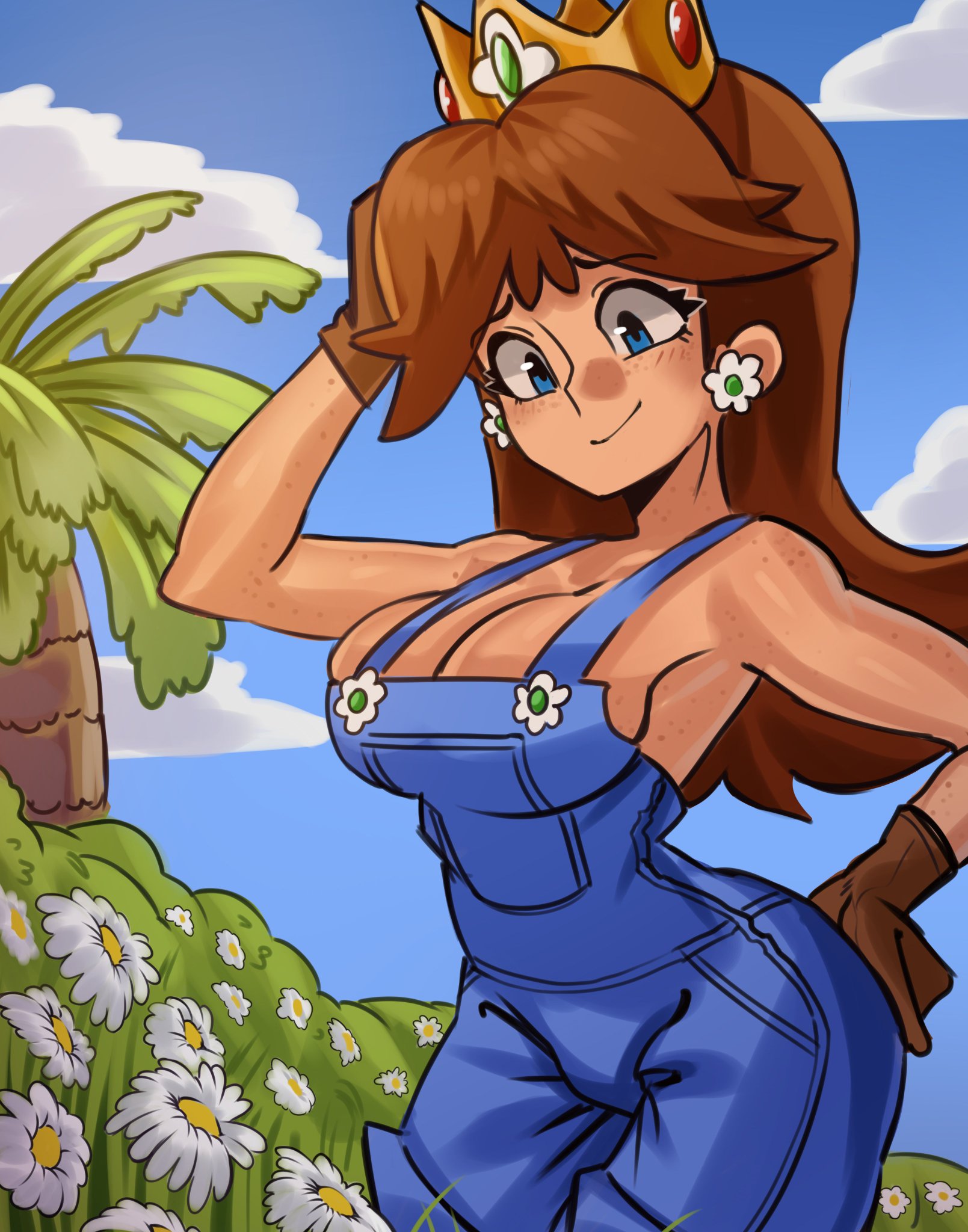 1girls, big breasts, blue eyes, breasts, brown hair, busty, cleavage, crown, earrings, female, flower earrings, gloves, jpeg, mario (series), moxydrawsmore, no bra, no bra under clothes, overalls, princess daisy, princess daisy (farmer), tagme, tan body, tomboy