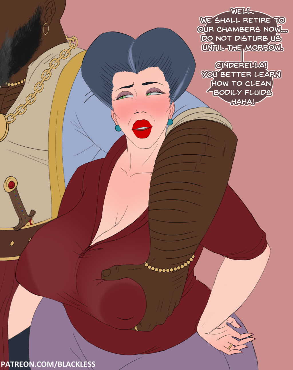 1boy 1girls bimbo blackless blush breast_grab breasts cinderella_(1950_film) clothing dark-skinned_male dark_skin disney disney_villains english_text female gray_hair interracial lady_tremaine large_breasts male mature milf old_woman straight text unseen_male_face wrinkles