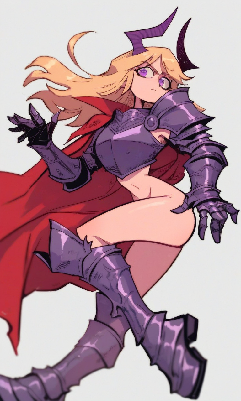 1girls ai_generated armor blonde_hair bottomless bottomless_female cape feijner_(kosine1777) female_knight horns knight kosine1777 long_hair original original_character purple_eyes purple_horns red_cape