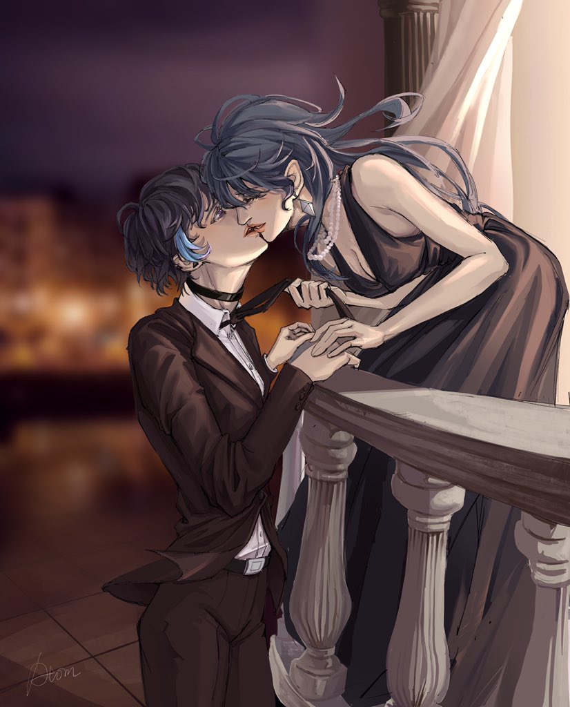 belt bending_over chief_(path_to_nowhere) cinnabar_(path_to_nowhere) dress earrings female_chief_(path_to_nowhere) jacket kissing kissing larger_female lips lxychristina pants shorter_female smaller_female suit taller_female tie tie_pull yuri