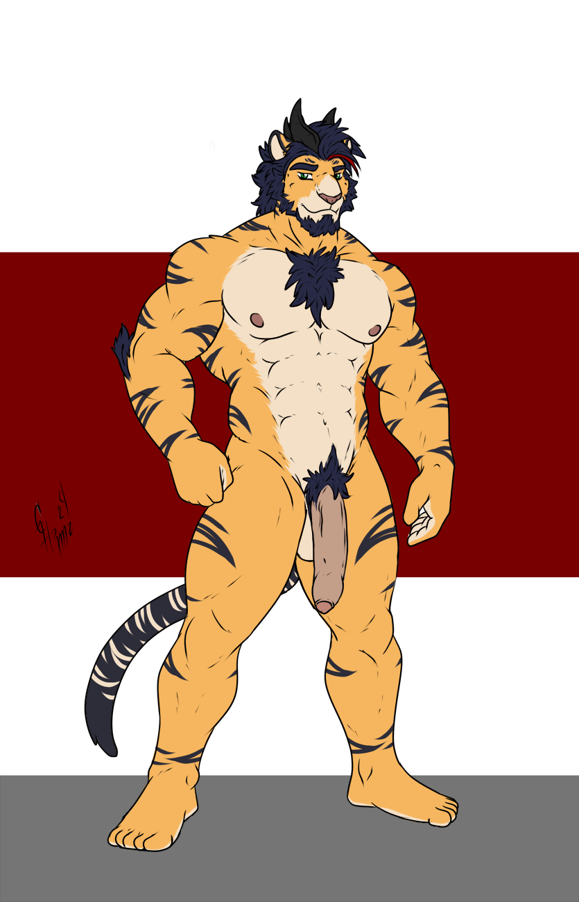 anthro athletic balls brother_(lore) chimera domestic_cat felid feline felis genitals hi_res horn hunterramirez male male/male mammal muscular nude pantherine penis pinup pose sibling_(lore) smile solo tiger