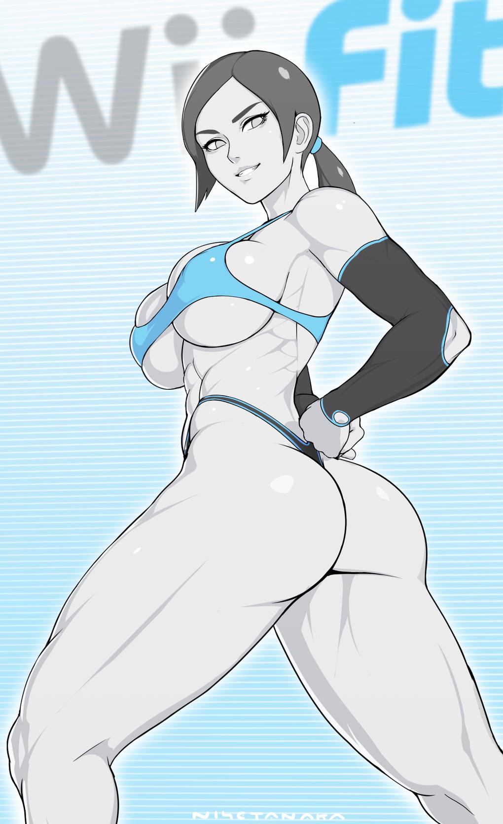 1girls, adapted costume, alternate costume, ass, big breasts, breasts, cleavage, female, female only, grin, huge ass, huge breasts, large breasts, looking at viewer, looking back, moaning, muscular, muscular female, naughty face, nintendo, nisetanaka, nisetanaqa, seductive, seductive smile, smile, solo, thick thighs, thong, underboob, wii fit, wii fit trainer, wii fit trainer (female)