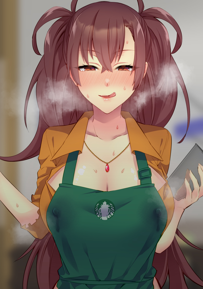 apron breasts brown_hair dr._arach female iced_latte_with_breast_milk iced_latte_with_breast_milk_(meme) lactation lactation_through_clothes large_breasts long_hair meme solo sweat tsukihime tsukihime_(remake)