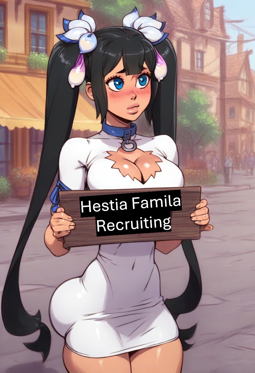 ai generated, ass, bimbo, blush, breasts, bubble ass, bubble butt, choker, cleavage, cleavage cutout, collar, condom, condom ornament, dungeon ni deai wo motomeru no wa machigatteiru darou ka, female, hestia (danmachi), huge ass, pobodyznerf, recruitment poster, tagme, thin waist, twintails, wearing condom