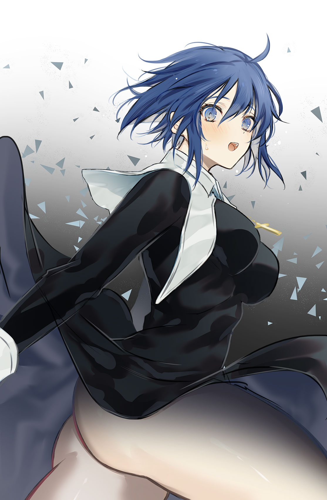 ahoge ass ass_focus blue_eyes blue_hair ciel_(tsukihime) clothes_lift cross cross_necklace dainatsu female highres jewelry long_sleeves necklace nun open_mouth shards short_hair solo thick_thighs thighs tsukihime tsukihime_(remake)