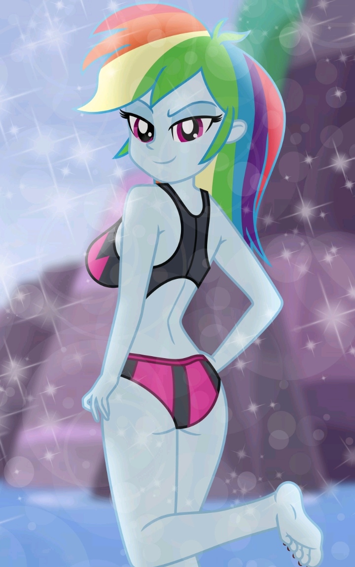 1girls, 2025, 4 fingers, accurate art style, ass, bikini, bikini bottom, bikini top, black bikini, black bra, black swimsuit, blue skin, blue-skinned female, deviantart, deviantart link, emeraldblast63, equestria girls, female, female only, friendship is magic, hasbro, human, humanized, humanized pony, looking at viewer, looking back, multicolored hair, my little pony, my little pony equestria girls, naughty face, panties, pink panties, rainbow dash (eg), rainbow dash (mlp), rainbow hair, solo, two piece swimsuit, two-piece swimsuit