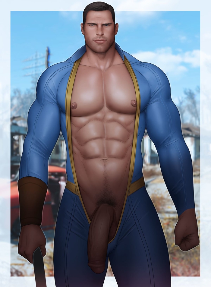 1boy, abs, balls, big penis, clothed, clothing, drawnpr0n, fallout, flaccid, glans, happy trail, jumpsuit, male, male only, muscles, muscular, muscular male, navel, nipples, outdoors, penis, pinup, pubes, pubic hair, vault suit, video games