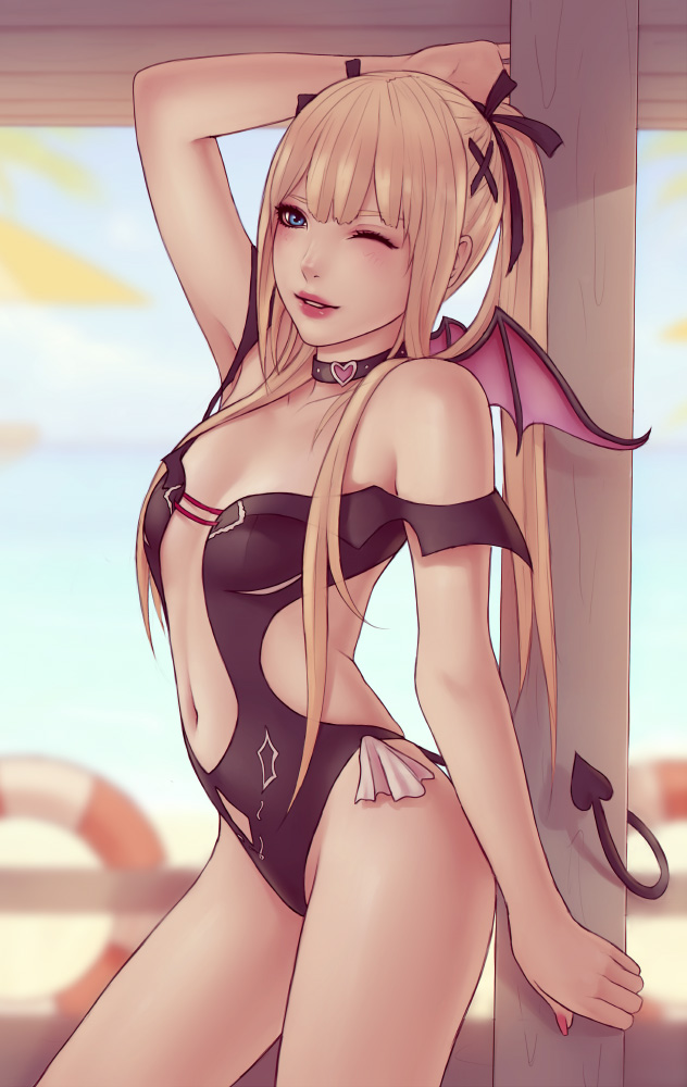 1girls, blonde hair, blonde-haired female, breasts, dead or alive, demon, female, female only, looking at viewer, marie rose, one-piece swimsuit, small breasts, solo, soranamae, succubus, swimsuit