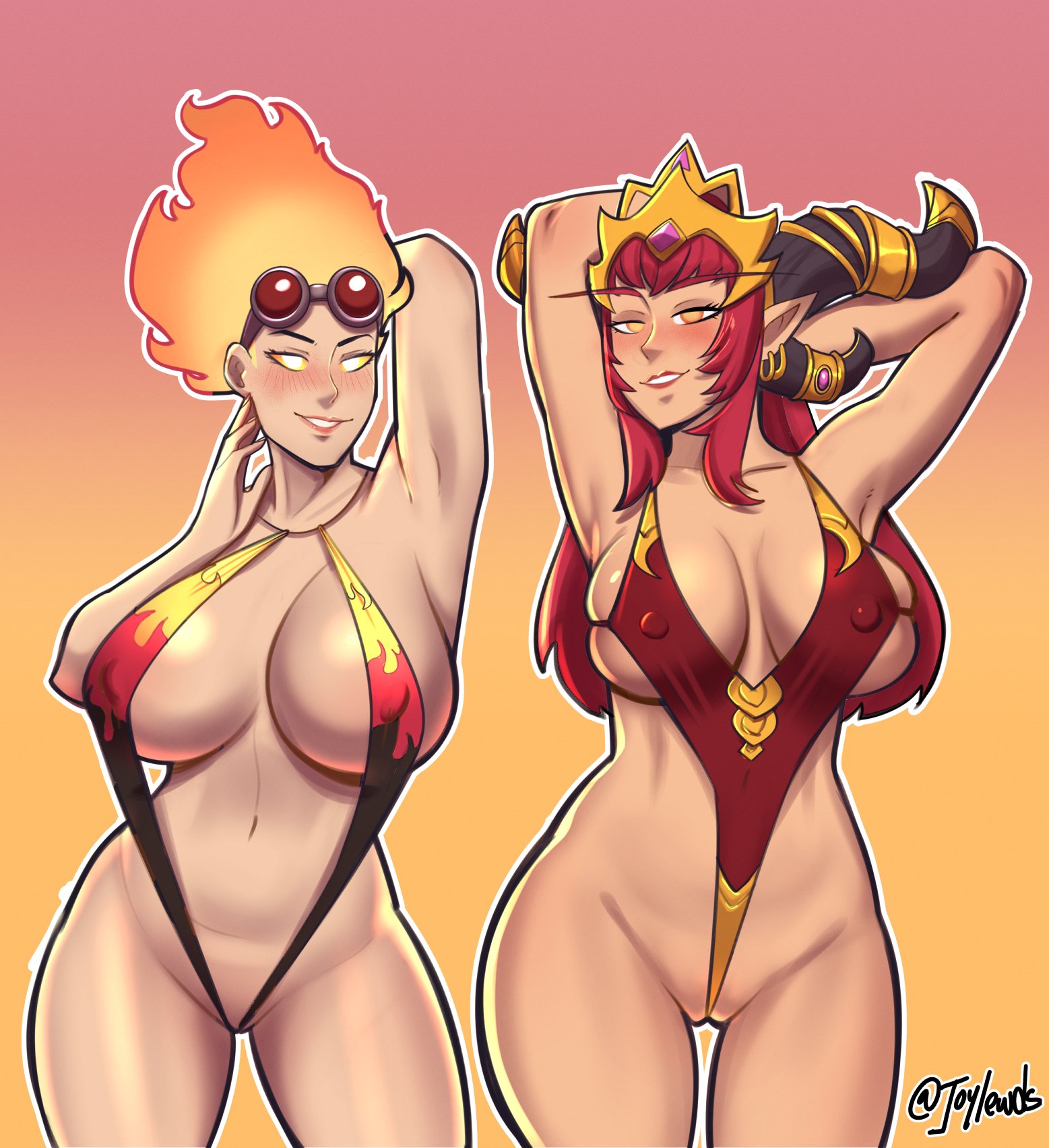 2girls, alexstrasza, big breasts, blizzard entertainment, breasts, chandra nalaar, crossover, female, flaming hair, horns, joylewds, light skin, light-skinned female, magic the gathering, pinup, red hair, skimpy, skimpy clothes, thick thighs, voluptuous, voluptuous female, warcraft, wide hips, world of warcraft, yuri