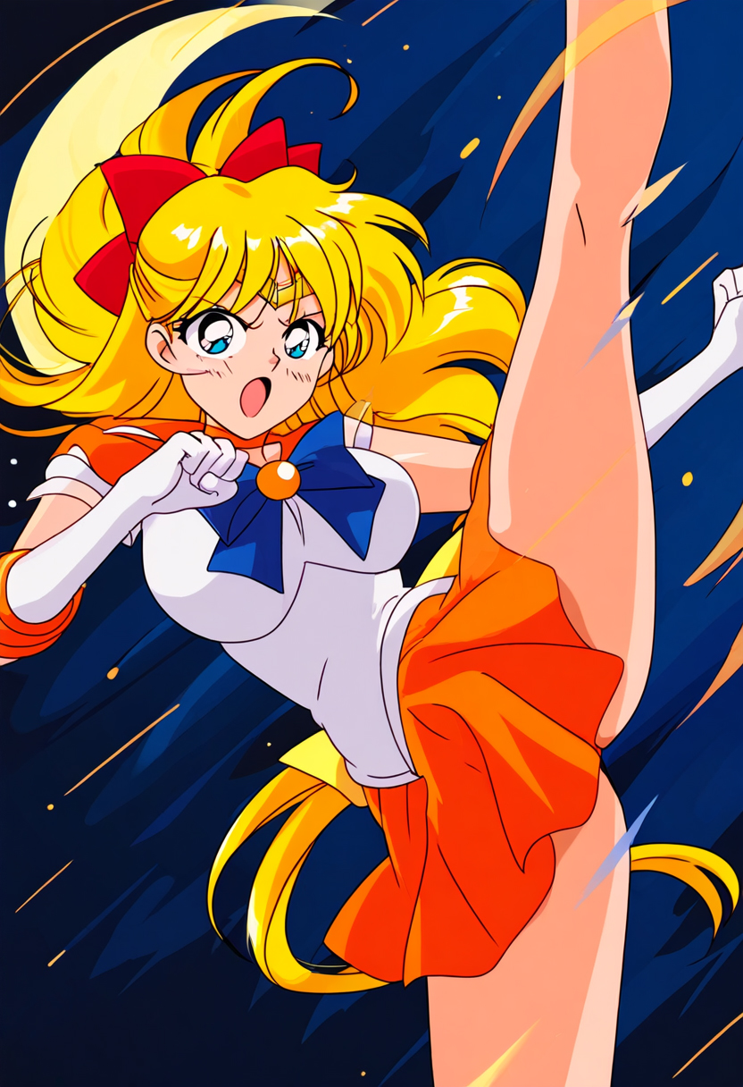 1girls ai_generated alluring bishoujo_senshi_sailor_moon blonde_hair blue_eyes kick kicking leg_lift minako_aino panties pantyshot sailor_venus skirt upskirt wolf_(artist)