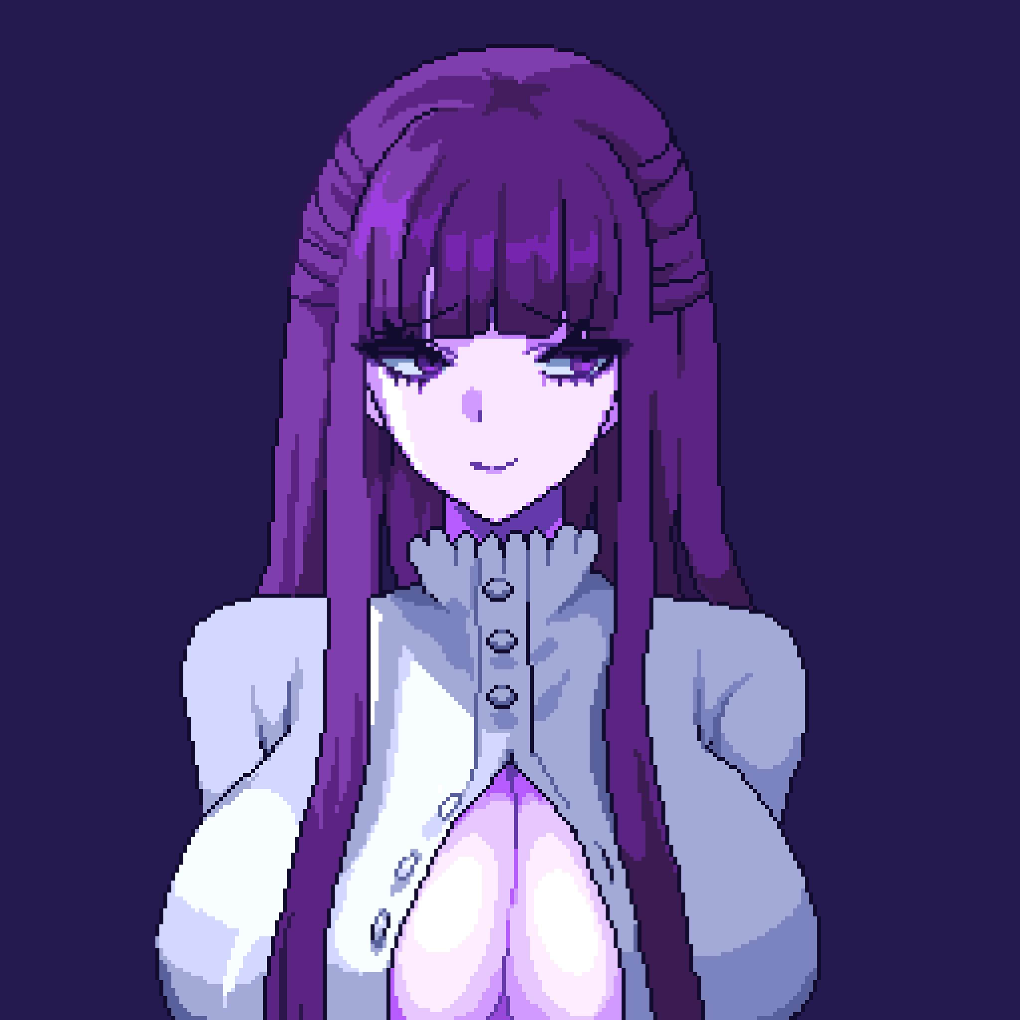 artist_request bob_cut boob_window cleavage cleavage_cutout cleavage_window fern_(sousou_no_frieren) frieren_beyond_journey's_end large_breasts long_hair mascara pixel_(artwork) pixel_art pixelcadete purple_hair sousou_no_frieren