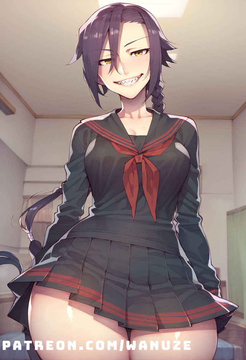 ai_generated big_ass big_breasts big_butt big_thighs blush huge_ass huge_breasts huge_butt huge_thighs magane_chikujouin purple_hair re:creators school_uniform sharp_teeth wanuze wide_hips yellow_eyes