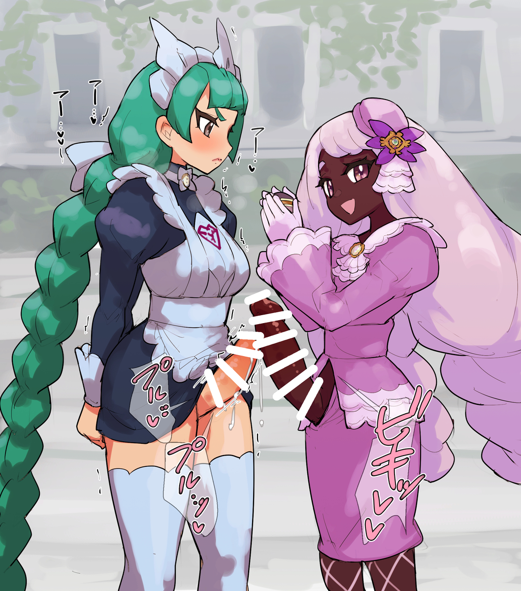 2futas, censor bar, censored, clothed, clothing, dark skin, dark-skinned futa, frottage, futa only, futanari, green hair, grey eyes, harujio (pokemon), intersex, jacinthe (pokemon), lebanne (pokemon), light skin, light-skinned futa, maid, maid headdress, maid uniform, penis, penis size difference, pokemon, pokemon legends: z-a, purple eyes, purple hair, size difference, yukari (pokemon)