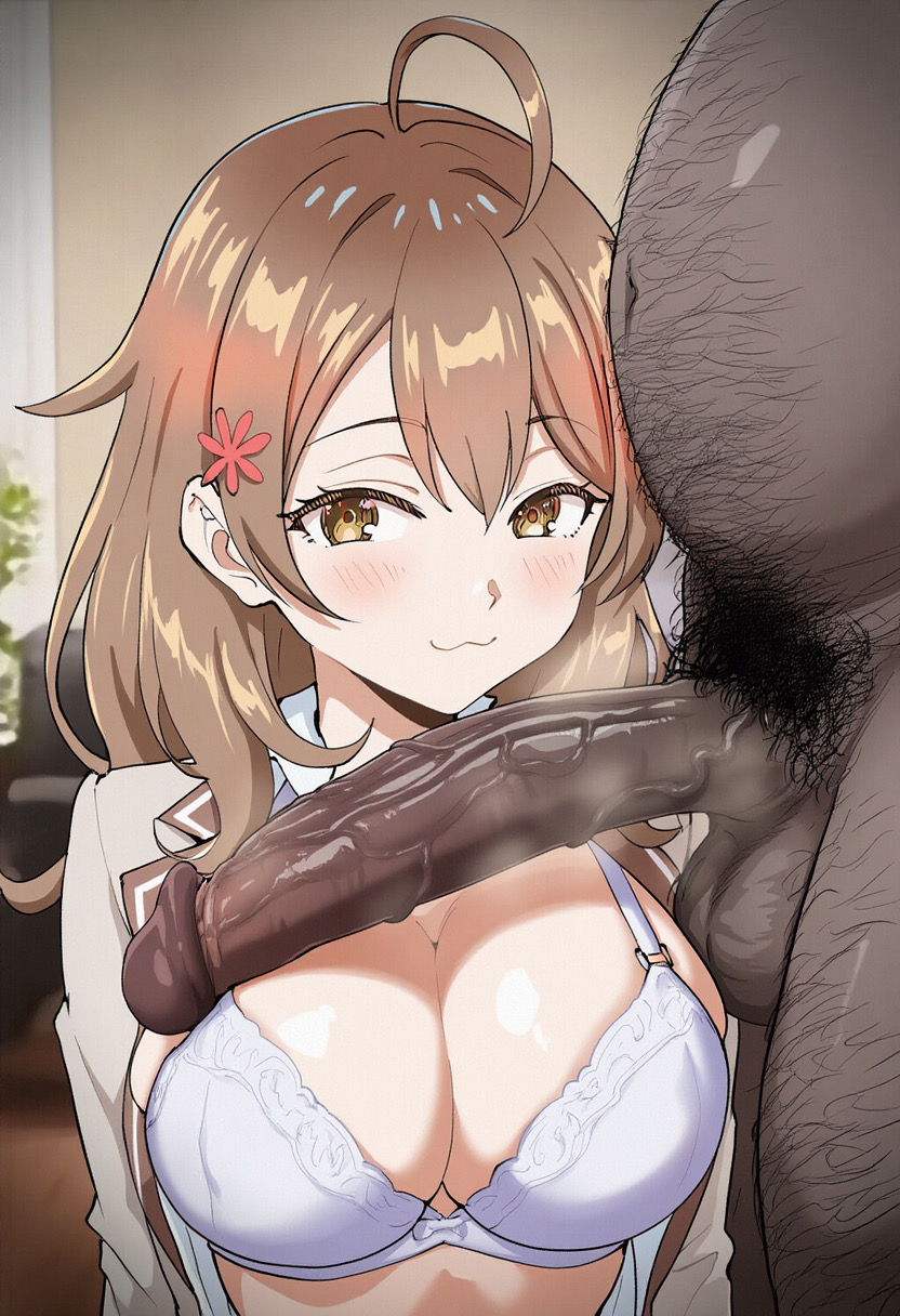 1boy 1boy1girl 1girl :3 ai_generated blush bra brown_eyes brown_hair dark-skinned_male fat_man female hairy_male imminent_fellatio imminent_oral indoors interracial large_breasts large_penis looking_at_viewer male/female male_pubic_hair maria_mikhailovna_kujou naughty_face netorare ntr open_mouth room russian_girl school_uniform smell smelly_cock straight testicles tokidoki_bosotto_russian_de_dereru_tonari_no_alya-san veiny_penis waroffree white_bra