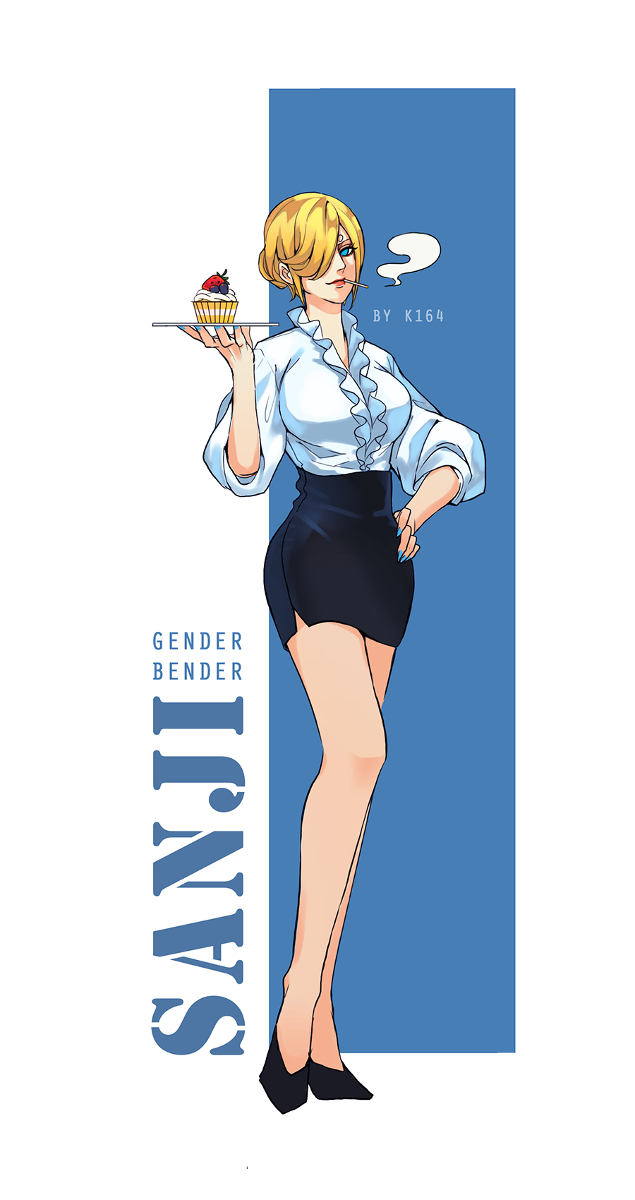 1girls 2020 black_skirt blonde_hair cigarette cigarette_in_mouth cupcake female female_only frilled_skirt genderswap_(mtf) hand_on_hip k164 one_piece rule_63 serving_tray skirt smoking smoking_cigarette vinsmoke_sanji white_blouse white_shirt