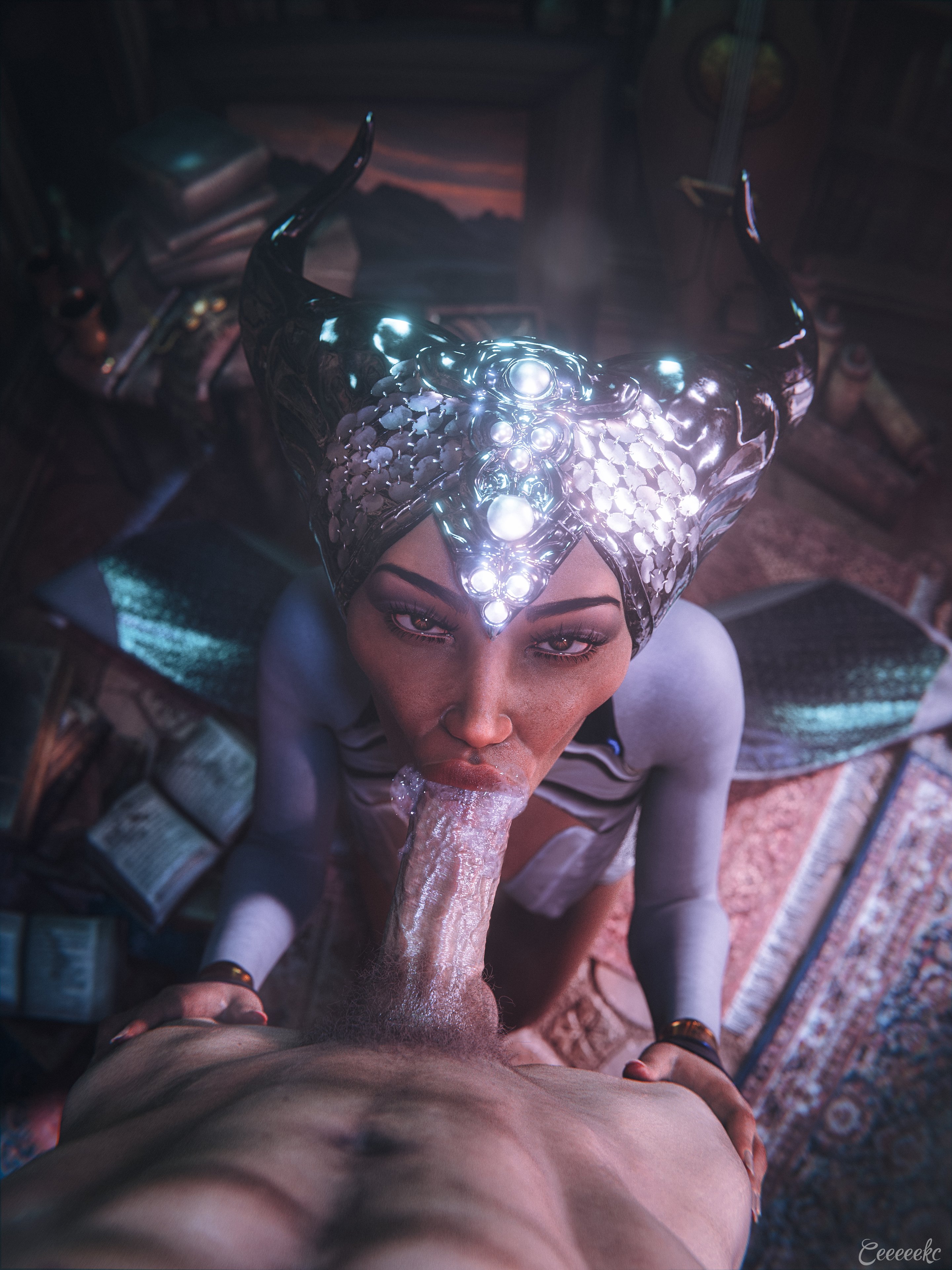 1boy, 1girls, 3d, blowjob, ceeeeekc, dark skin, dark-skinned female, dragon age, dragon age inquisition, fellatio, female, interracial, light skin, light-skinned male, male, oral, oral penetration, oral sex, pov, pov eye contact, sloppy, sloppy blowjob, vivienne (dragon age)