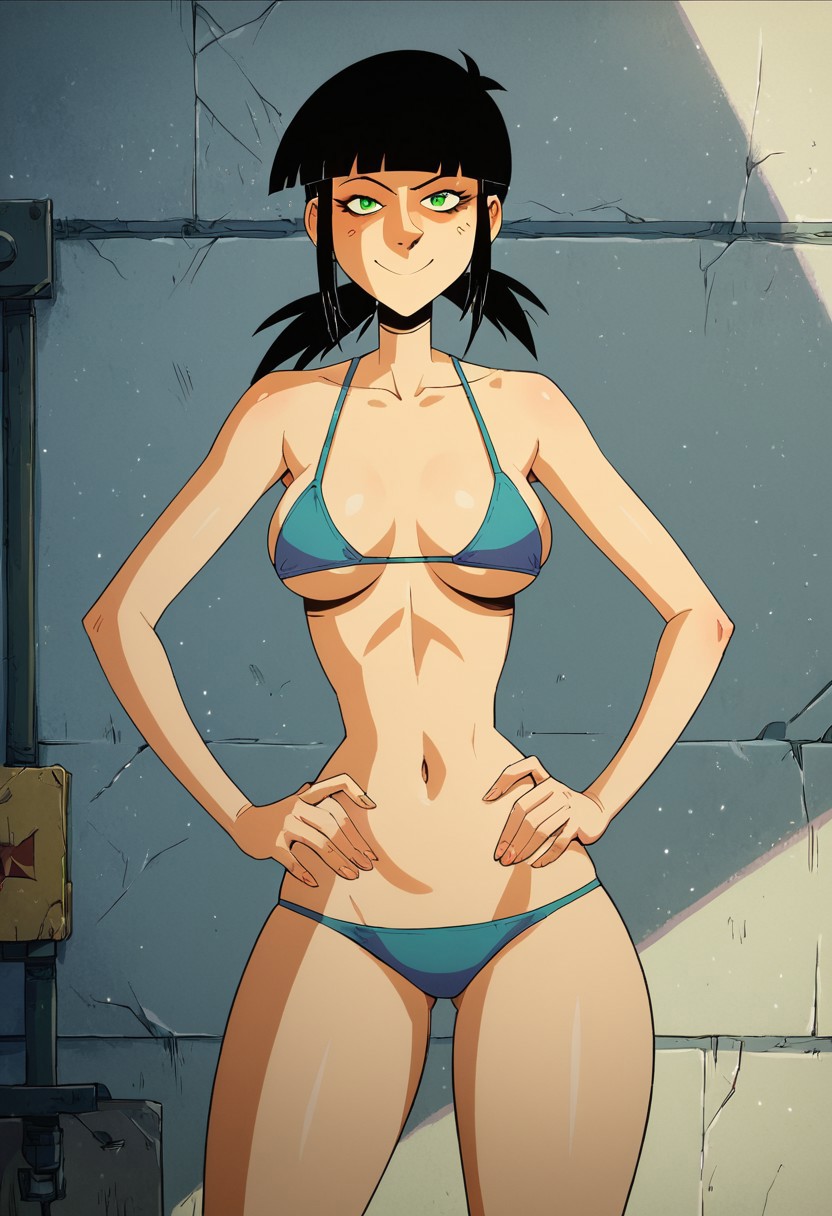 1girls 2025 ai_generated background bikini black_hair body civitai d3rmal fringe green_pupils hands_on_hips looking_at_viewer naughty_face ponytail sarah_(tear_along_the_dotted_line) short_hair smile solo tagme tear_along_the_dotted_line this_world_can't_tear_me_down wall zerocalcare_(series)