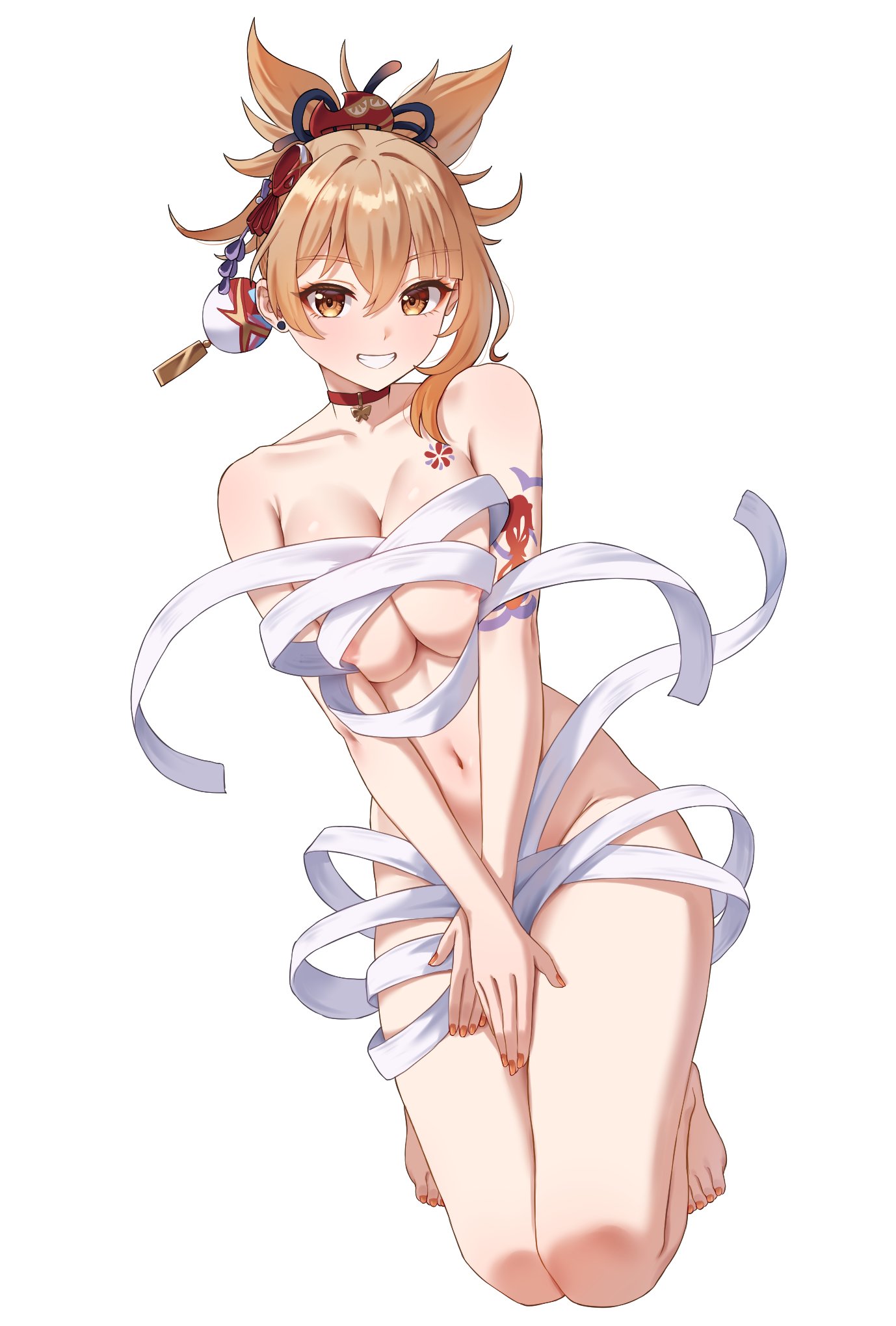 areolae, arm tattoo, bandage, belly, big breasts, blonde hair, breast press, breast squeeze, breast tattoo, breasts, clothing malfunction, female, genshin impact, half naked, hiding pussy, hoyoverse, kadokadokado14, looking at viewer, malfunction, mihoyo, navel, nipples, on knees, orange hair, pussy, sarashi, smile, tatoo, teeth, thighs, wardrobe malfunction, yoimiya (genshin impact)