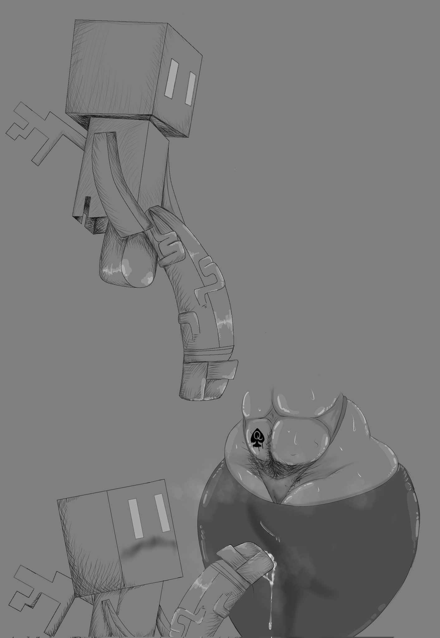 1boy, 1girls, allay (minecraft), balls, big balls, big penis, clothing, crazydrawings71, curvaceous, curvy, curvy figure, dweller, erection, female, greyscale, huge cock, hyper, hyper balls, hyper penis, imminent sex, jenny belle (slipperyt), jenny dweller, larger female, male, minecraft, monochrome, mostly nude, musclegut, musk, musk clouds, nude, panties, penis, precum, precum drip, precum string, pubic hair, pussy, pussy outline, queen of spades, size difference, sketch, smaller male, steam, steamy pussy, straight, sweat, sweating, sweaty, sweaty body, tagme, thick thighs, thong, thong straps, unseen female face, voluptuous, voluptuous female, wide hips