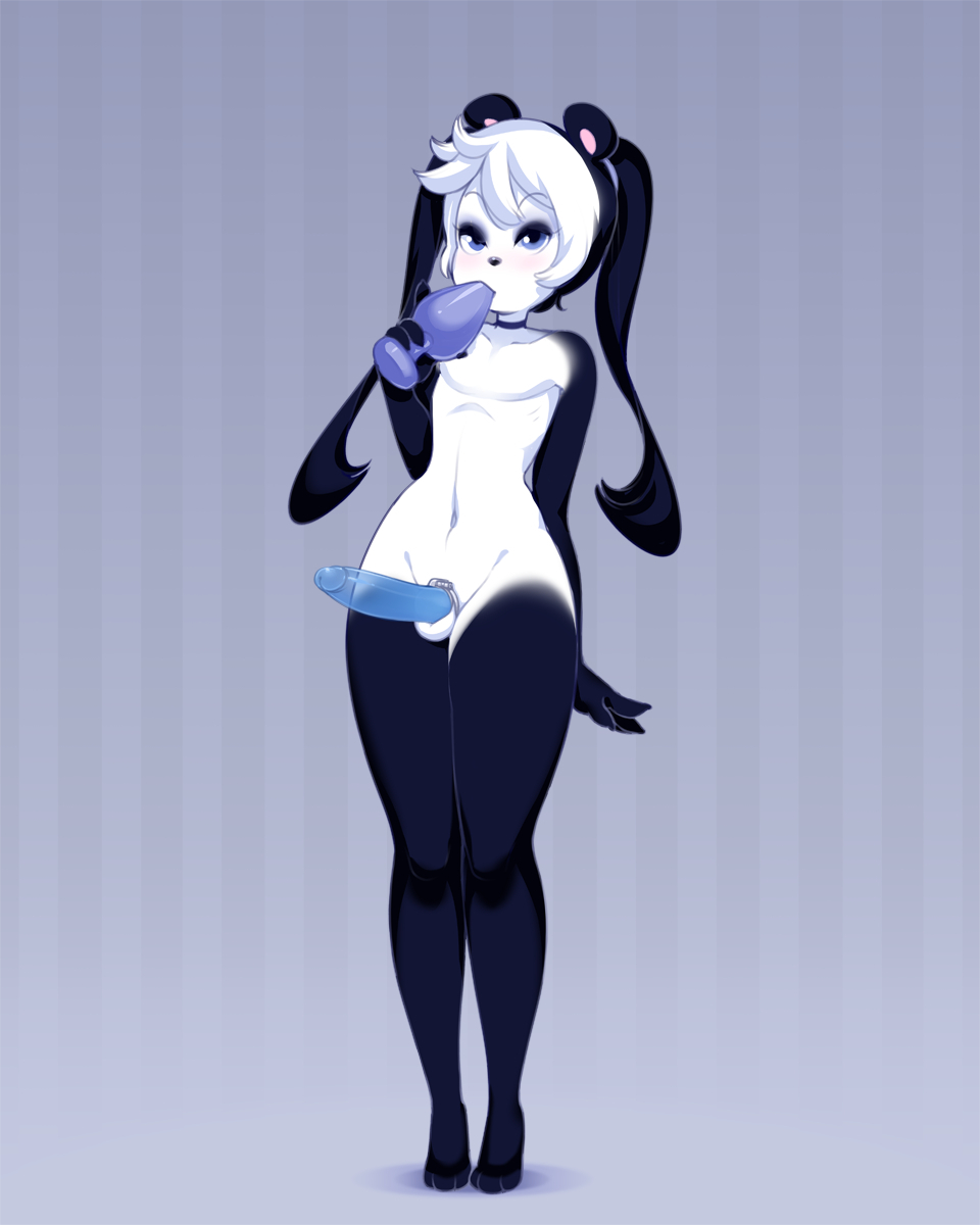 4:5 abstract_background anthro balls bear black_body black_fur black_hair blue_eyes buttplug buttplug_in_mouth chastity_cage chastity_cage_only chastity_device chastity_device_only choker dildo femboy flat_chastity_cage fur furry genitals giant_panda gloves_(marking) hair hi_res humanoid_dildo jewelry leg_markings male mammal markings miu navel necklace nude oral oral_penetration penetration plug_(sex_toy) quinn_(miu) seductive sex_toy sex_toy_in_mouth sex_toy_insertion small_waist socks_(marking) solo standing strapon strapon_over_chastity transparent_dildo transparent_sex_toy twintails wearing_chastity_cage wearing_chastity_device white_body white_fur white_hair