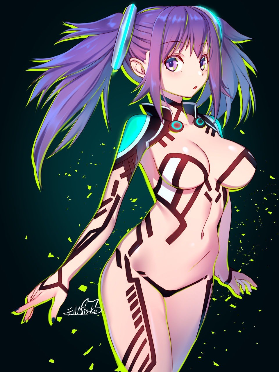 body_markings breasts female female highres long_hair looking_at_viewer medium_breasts mitake_eiru nail_polish navel nude open_mouth original purple_eyes purple_hair signature solo twintails