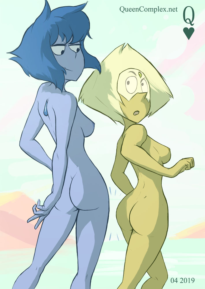 2girls, bedroom eyes, breasts, female, lapis lazuli (steven universe), multiple females, multiple girls, naked, nipples, peridot (steven universe), queencomplex, spanking, steven universe