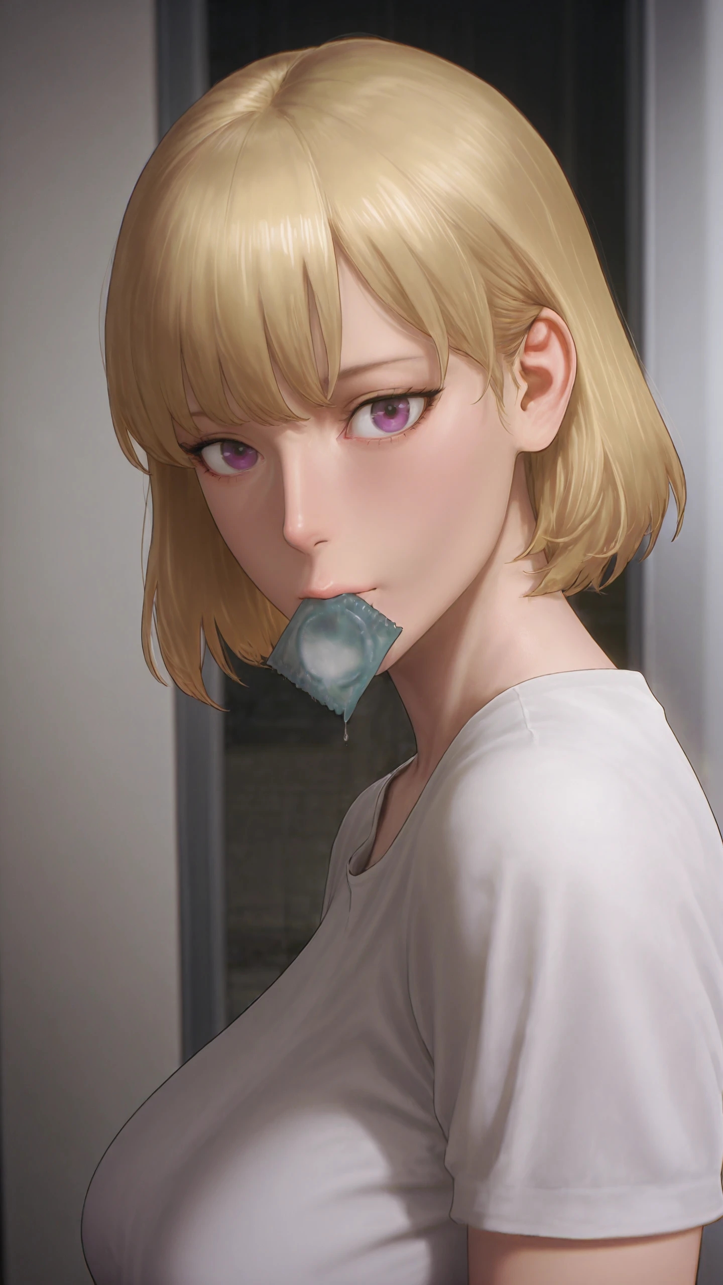 1girls, ai generated, blonde hair, blush, breasts, cha hae in, condom, condom in mouth, female, fringe, huge breasts, inviting to sex, light skin, light-skinned female, looking at viewer, medium hair, mouth hold, oral, oral invitation, petite, purple eyes, slim, solo leveling, t-shirt, trugprz, upper body