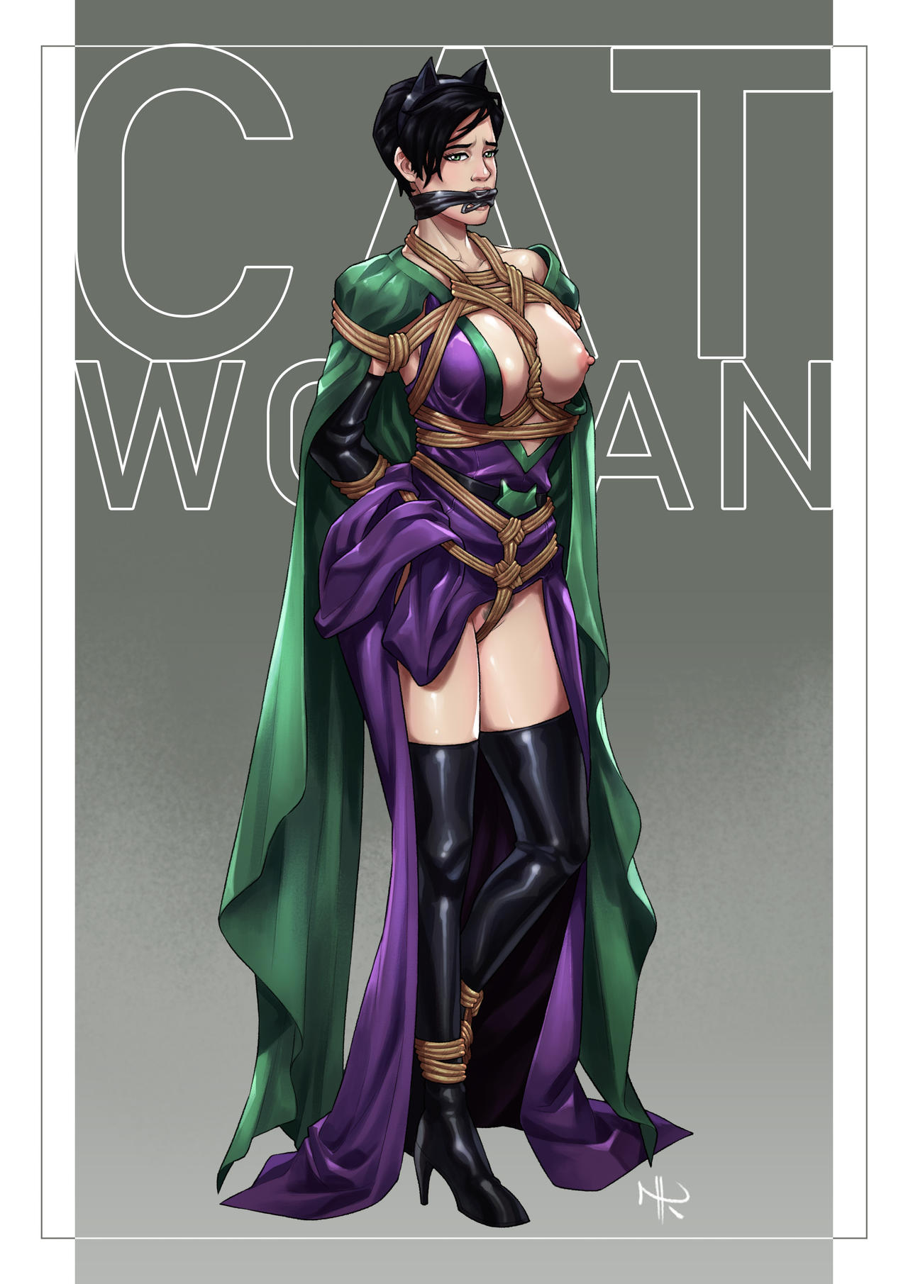 1girls batman_(series) black_hair bondage bondage_gear boobs_out bound bound_ankles bound_arms bound_wrists breasts breasts breasts_out cape cat_ears catwoman dark_hair dc dc_comics female female female_focus female_only gagged gagged_female green_eyes nude nude_female nyrokamib pale-skinned_female pale_skin pixie_cut rope rope_bondage selina_kyle short_hair stiletto_boots stiletto_heels thigh_boots vagina