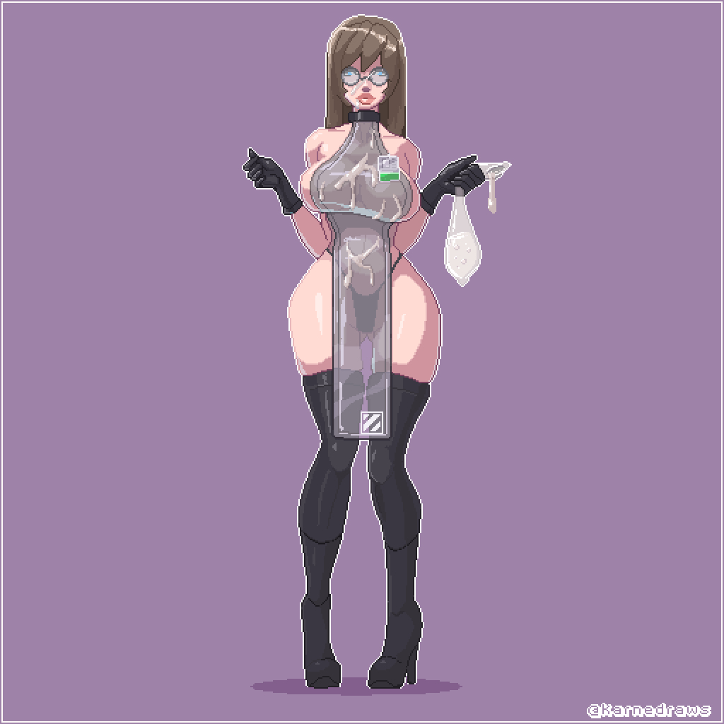 big_breasts black_gloves black_thong boots brown_hair brown_hair condom condom_balloon cum cum_in_condom cum_on_clothes cum_on_face filled_condom glasses gloves high_heel_boots high_heels karnedraws researcher see-through thighhigh_boots thighhighs thong wide_hips zetria