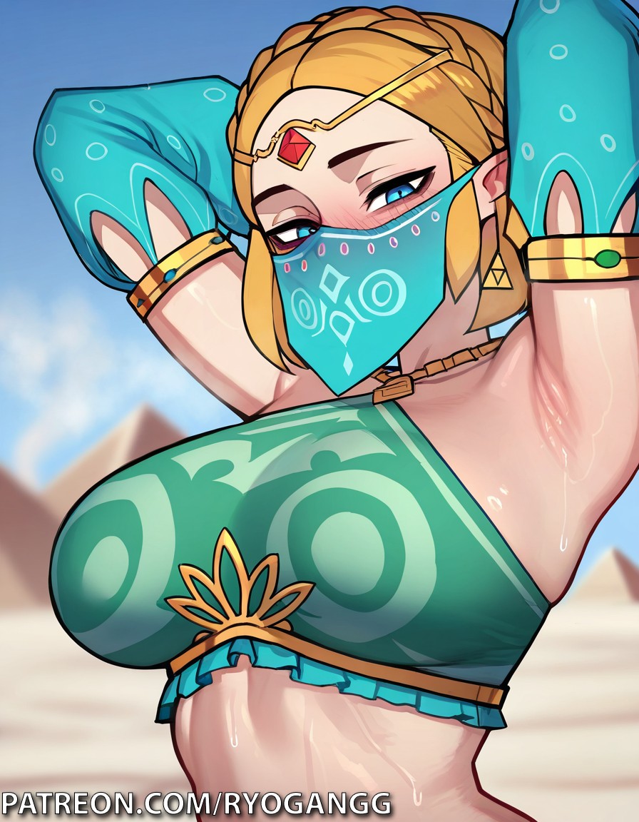 ai generated, armpits, arms behind head, blue eyes, breasts, female, gerudo outfit, gerudo set (zelda), gerudo veil, huge breasts, nintendo, princess zelda, ryogangg, showing off, showing off armpit, tears of the kingdom, the legend of zelda, zelda (tears of the kingdom)