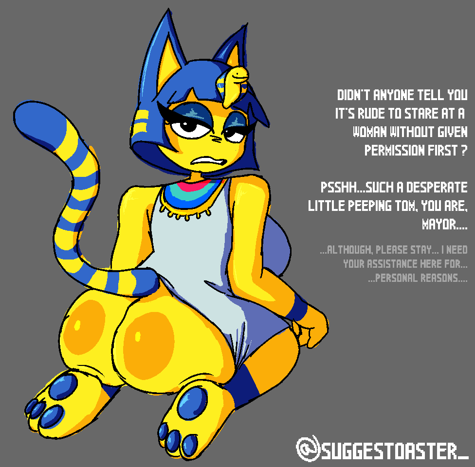 ankha ankha_(animal_crossing) ass ass ass_focus back_view bandage blue_hair breasts breasts breasts cat_ears cat_girl cat_tail catgirl egyptian feline furry furry_female furry_only half-dressed half_naked pawpads paws suggestoaster_ tagme text viewed_from_behind yellow_fur