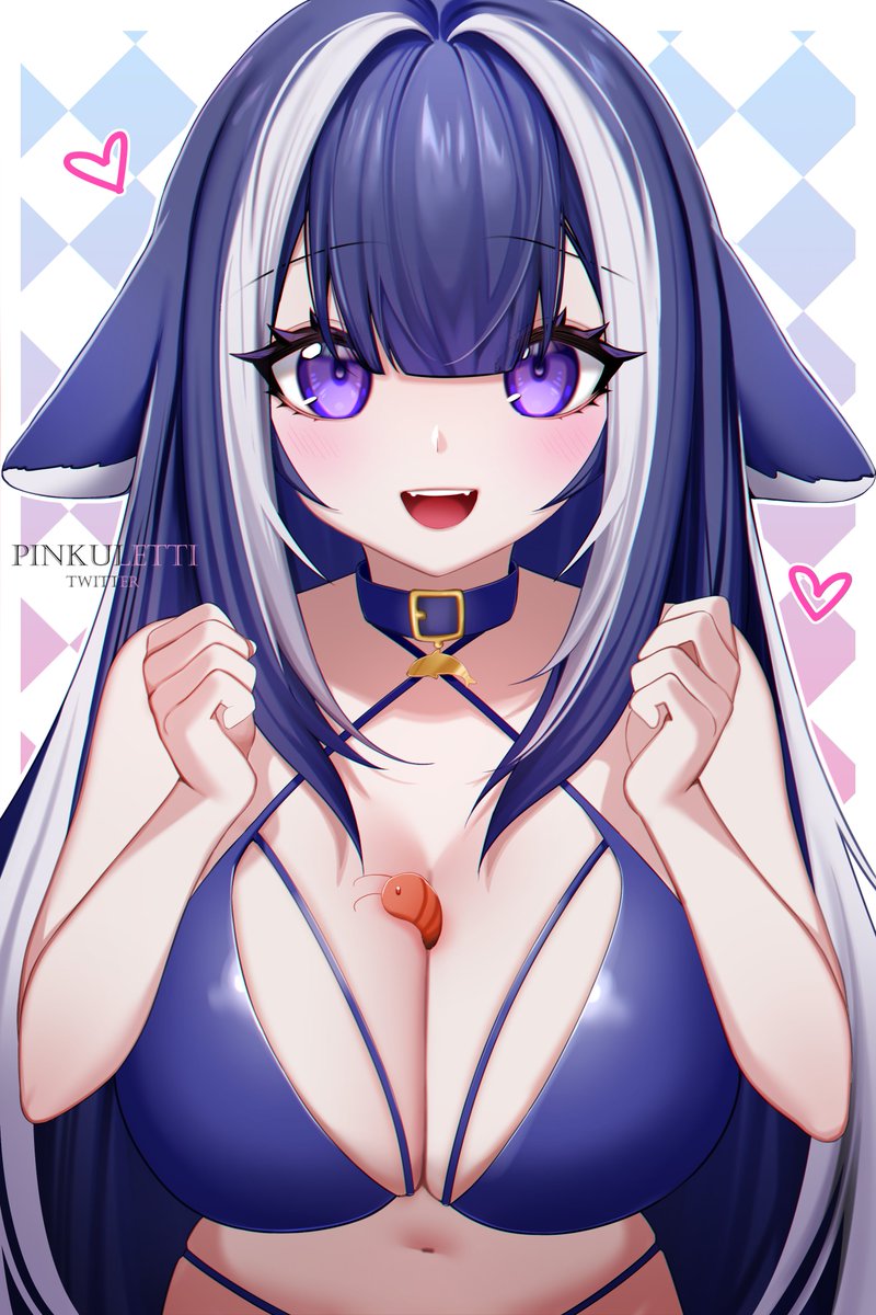 bikini, black hair, blue bikini, blue collar, breasts, collar, criss-cross halter, female, halterneck, highres, indie virtual youtuber, large breasts, long hair, looking at viewer, multicolored hair, navel, open mouth, orca girl, pinkuletti, purple eyes, shylily, shylily (bikini), solo, streaked hair, string bikini, swimsuit, two-tone hair, upper body, virtual youtuber, white hair
