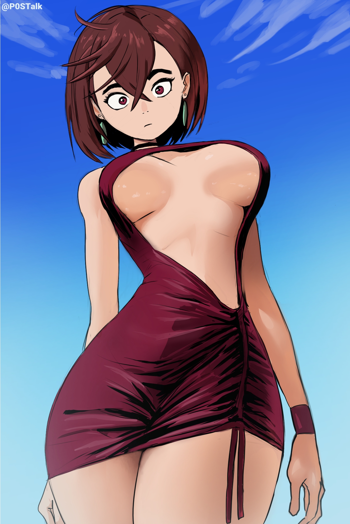 1girls, artist name, ayase momo, breasts, brown eyes, brown hair, brown-haired female, choker, dandadan, dress, female, green earrings, midriff, p0stalk
