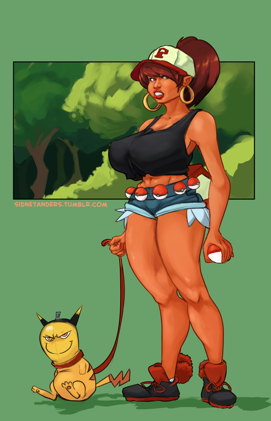 1boy 1girls abs baseball_cap belt big_breasts bimbo body_bags breasts cooleyette dark-skinned_female dark_skin female footwear headwear hoop_earrings human lipstick midriff muscular muscular_female nintendo nipple_bulge original_character panda_delgado pikachu pokémon_(species) poke_ball pokemon shorts sidney_anders solo tank_top text thick_lips thick_thighs url vaaan van_(artist) vannn waist_poke_ball watermark wide_hips