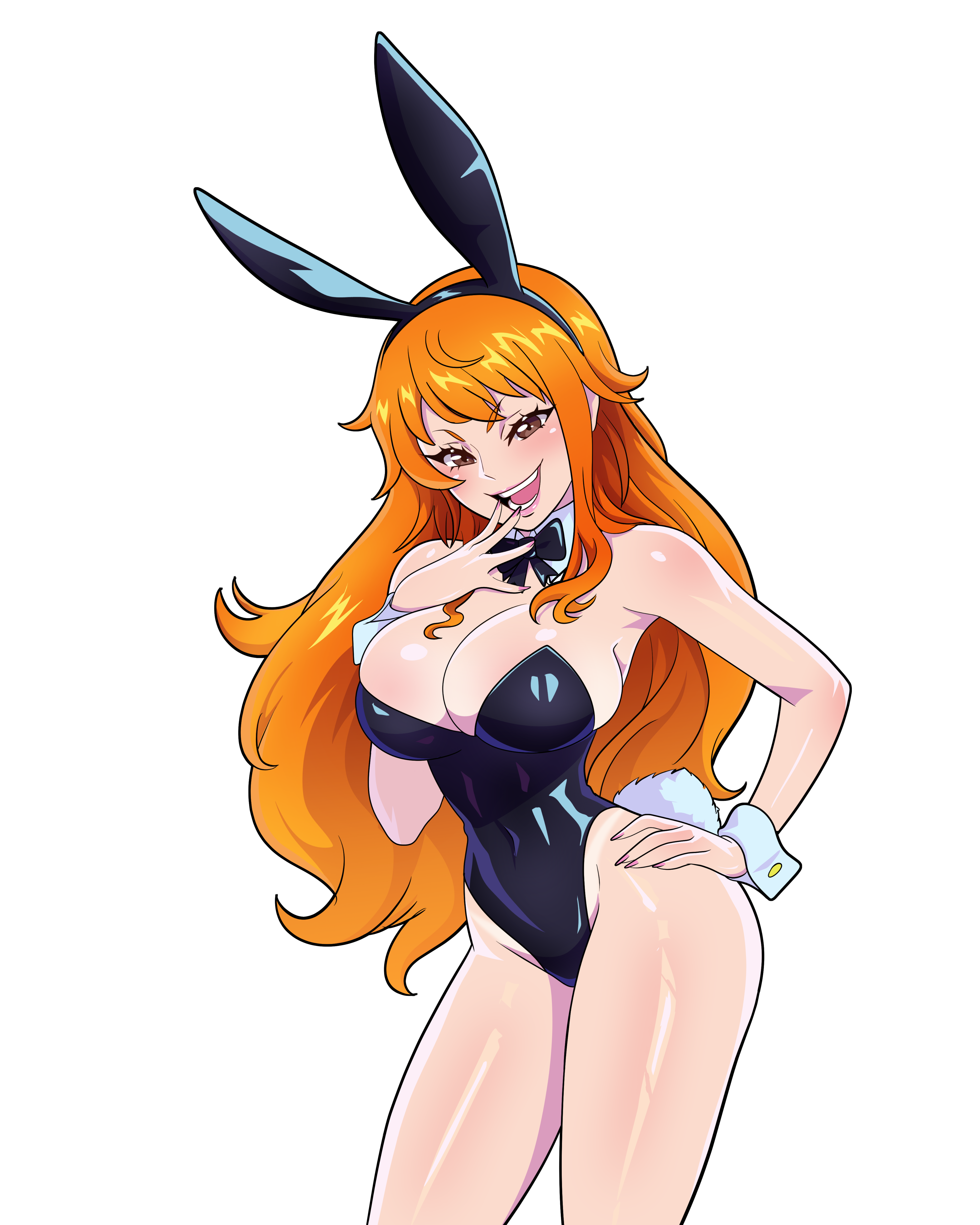 1girls, bunny ears, bunnysuit, cleavage, clothing, female, female only, fully clothed, hand on hip, latex, latex clothing, nami (one piece), one piece, orange hair, orange-haired female, revealing clothes, shiny clothes, skimpy clothes, smile, stvdeclas, tight clothing