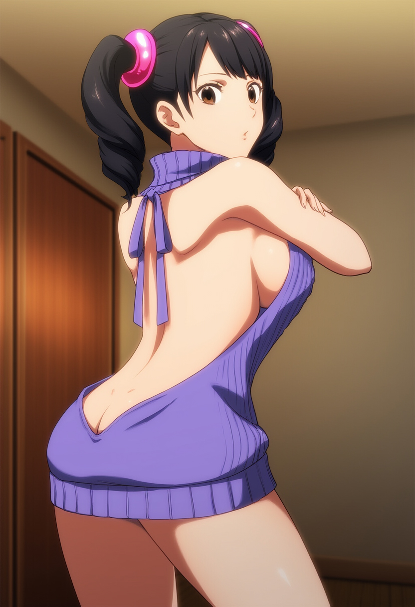1girls ai_generated alluring ass bare_legs black_hair brown_eyes chinese_girl female ling_xiaoyu looking_back_at_viewer medium_breasts namco no_bra no_panties sideboob tekken tekken_3 tekken_4 tekken_5_dark_resurrection tekken_7 tekken_8 tekken_blood_vengeance tekken_tag_tournament tekken_tag_tournament_2 twintails virgin_killer_sweater wolf_(artist)