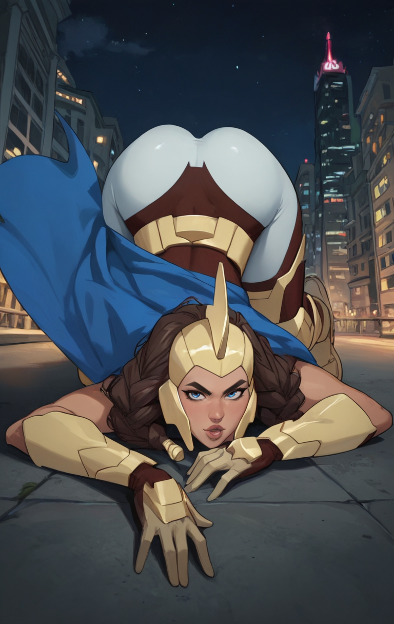 adult adult_female ai ai_generated ass blue_eyes brown_hair cartoon cartoon_character eepol invincible invincible_(tv_series) looking_at_viewer superheroine war_woman yuri