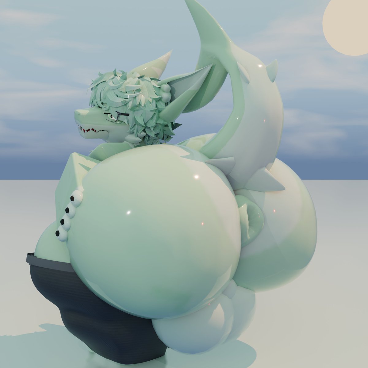 1boy 1boys 3d big_ass big_butt black_legwear black_thighhighs bubble_butt chubbydreg femboy furry glasses green_body green_ears green_hair green_skin legwear roblox robloxian shark shark_tail sharp_teeth solo tail thighhighs