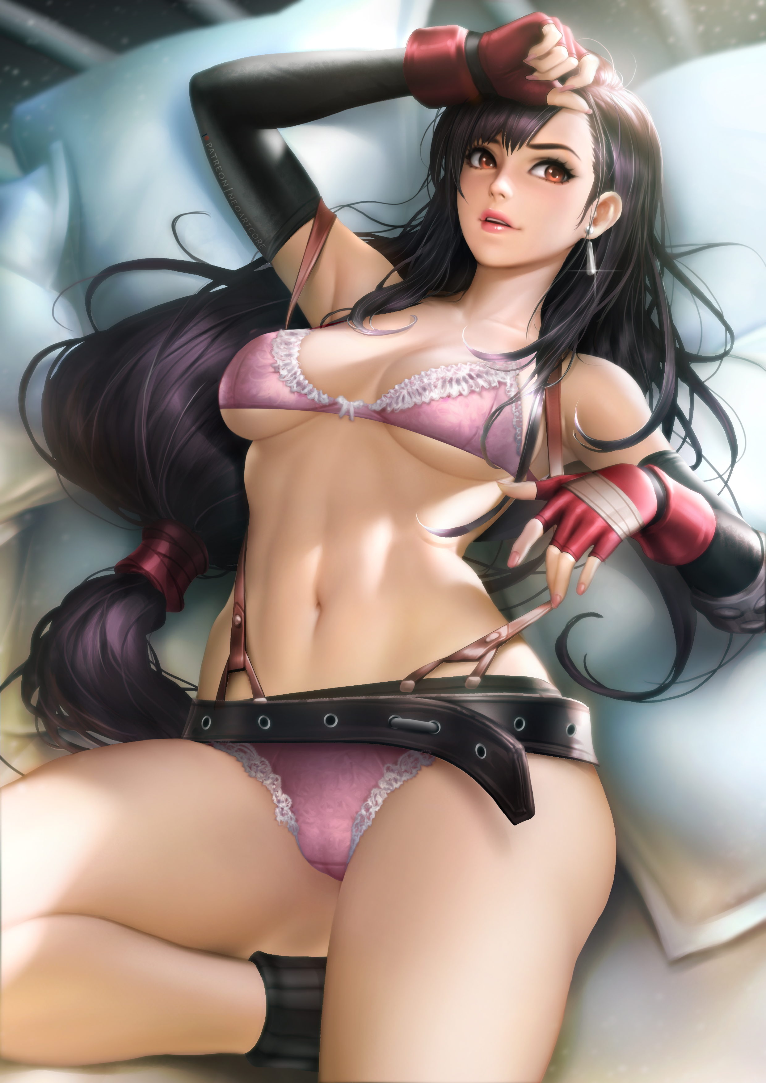 absurdres, bra, breasts, female, female only, final fantasy, final fantasy vii, gloves, highres, large breasts, lingerie, neoartcore, panties, solo, square enix, tifa lockhart