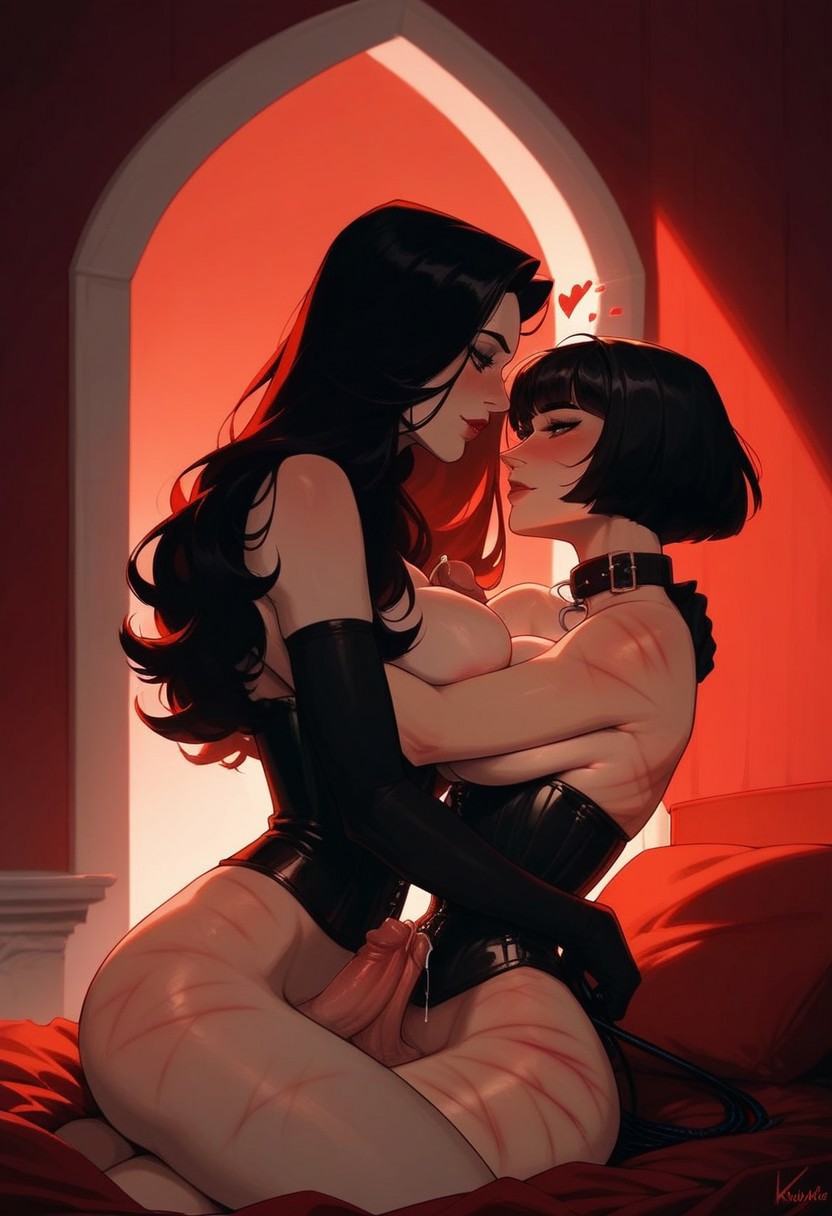 2futas 2girls ai_generated big_ass big_breasts black_hair charv corset erection futa_on_futa futa_only futanari long_hair on_bed original_characters short_hair smile whip whip_marks