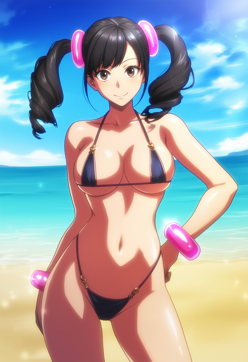 1girls ai_generated alluring beach bikini black_hair blue_sky brown_eyes chinese_girl cleavage highleg_bikini ling_xiaoyu medium_breasts namco ocean pin_up tekken tekken_3 tekken_4 tekken_5_dark_resurrection tekken_7 tekken_8 tekken_blood_vengeance tekken_tag_tournament tekken_tag_tournament_2 twintails under_boob wolf_(artist)