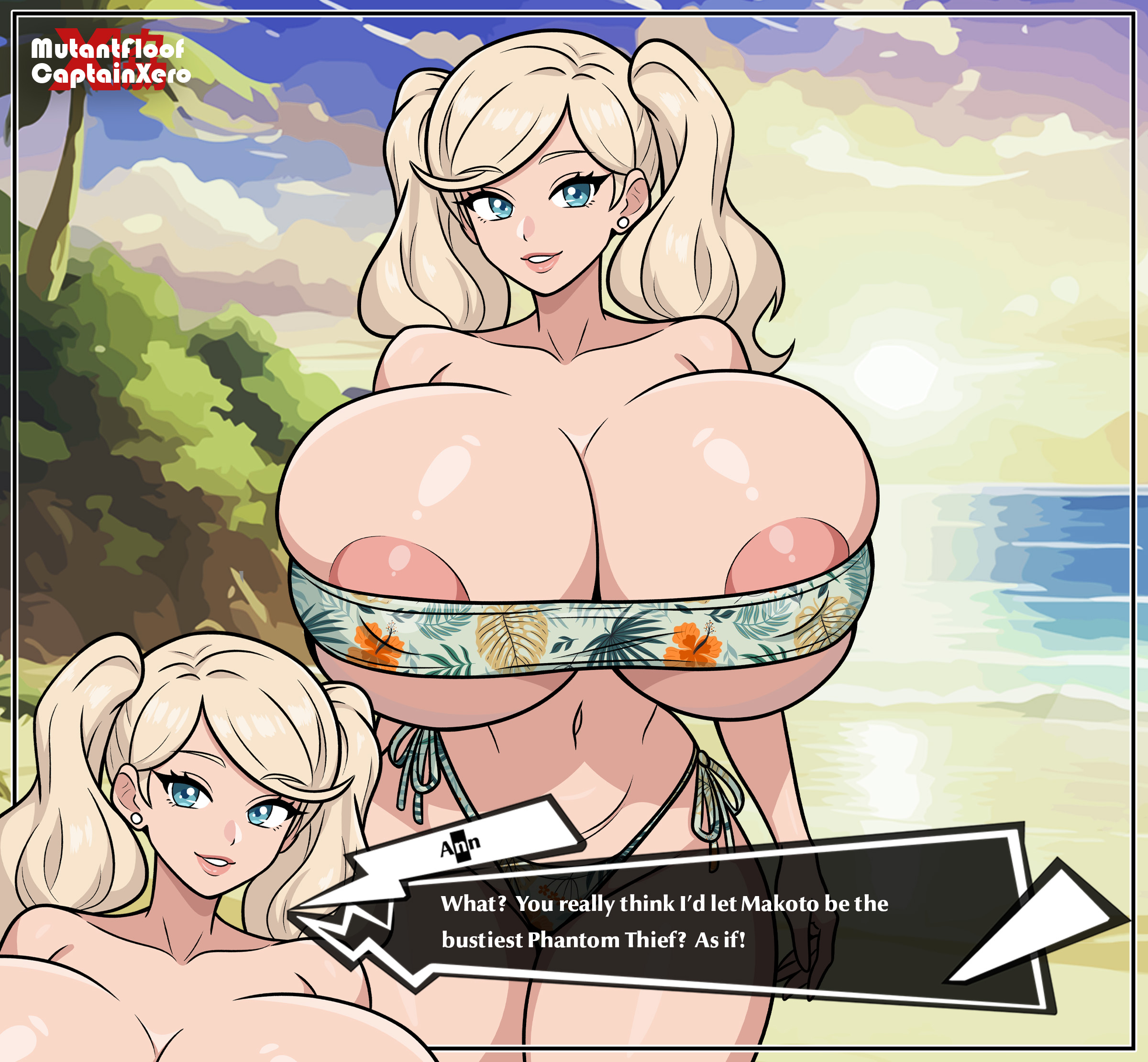 1girls, alternate version available, ann takamaki, big breasts, bikini, blonde hair, blue eyes, breasts, breasts bigger than head, captainxero, female, female only, huge breasts, large breasts, megami tensei, mutantfloof, persona, persona 5, swimsuit, twintails