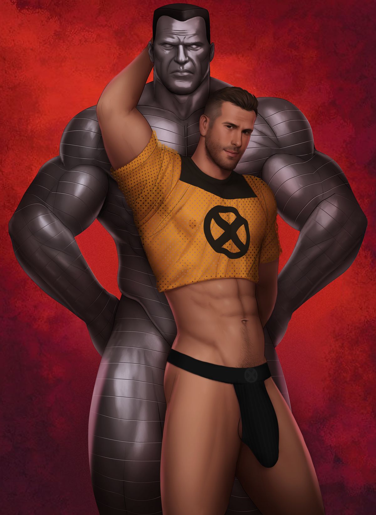 2boys, abs, celebrity, colossus, deadpool, deadpool (film), drawnpr0n, gay, human, jockstrap, light skin, light-skinned male, male, male only, marvel, marvel comics, masculine, mesh, mesh shirt, metal skin, metallic body, muscles, muscular, mutant, nipples visible through clothing, piotr rasputin, ryan reynolds, superhero, uncensored, wade wilson, x-men, yaoi